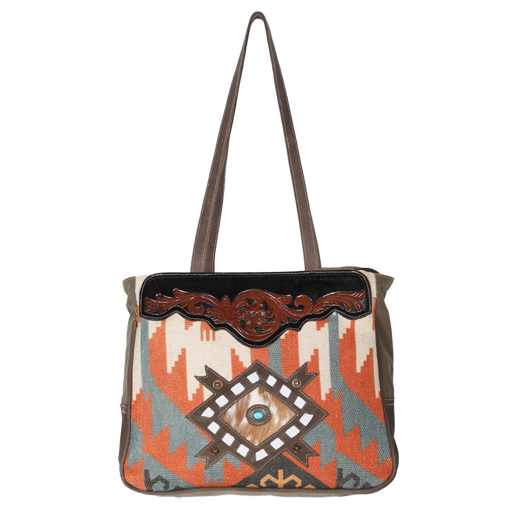OHLAY Hand-Tooled Upcycled Wool Canvas Hair-On Leather Tote