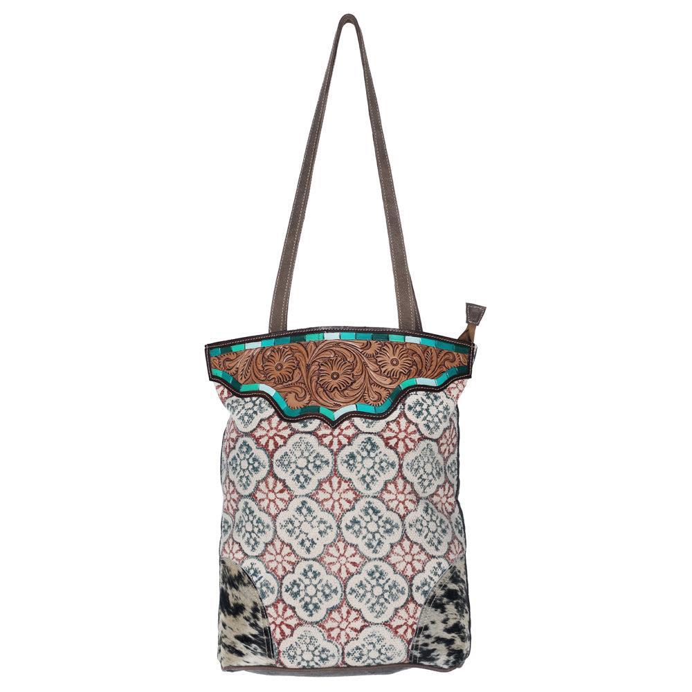 OHLAY Hand-Tooled Upcycled Canvas Hair-On Leather Tote