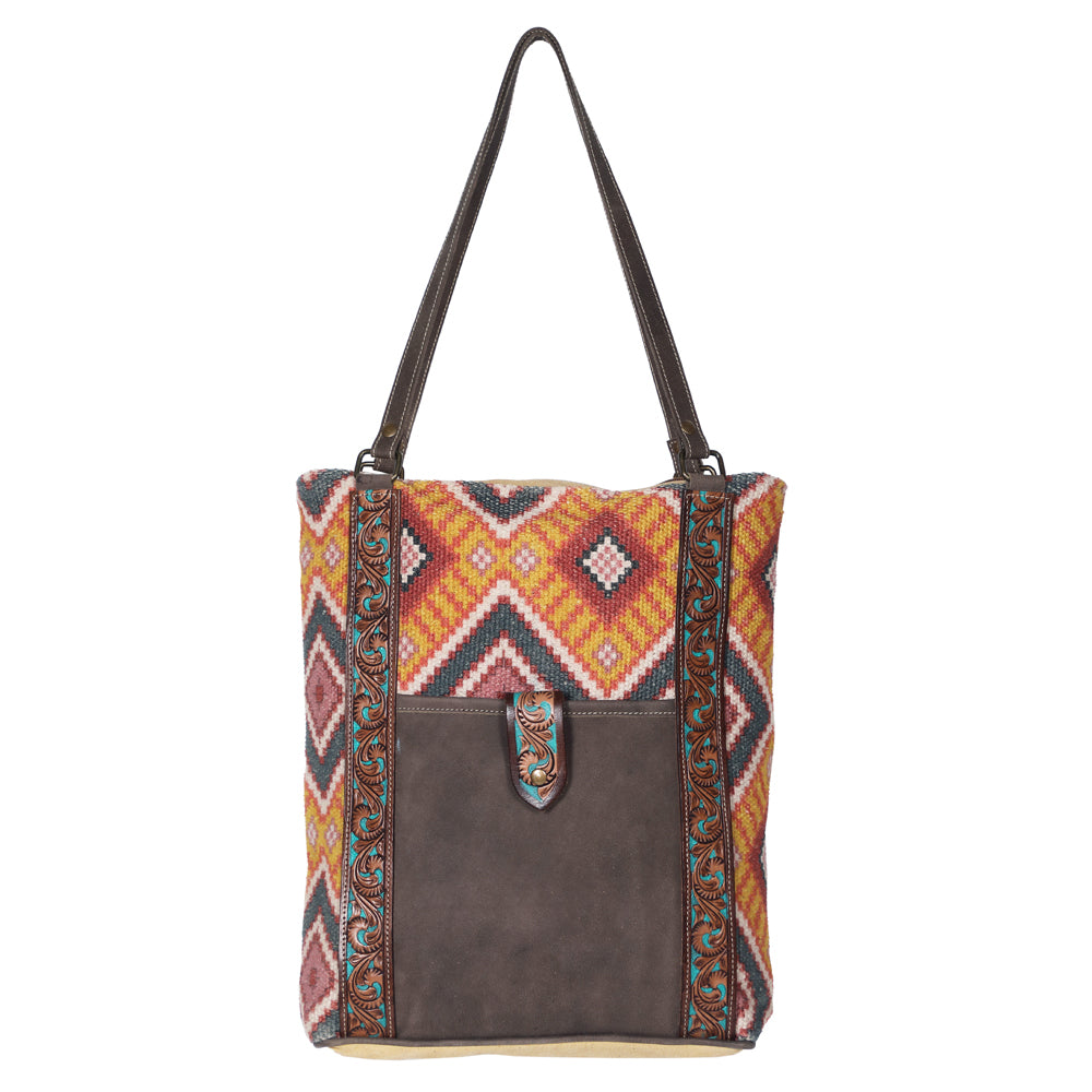 OHLAY Hand-Tooled Upcycled Wool Canvas Leather Tote