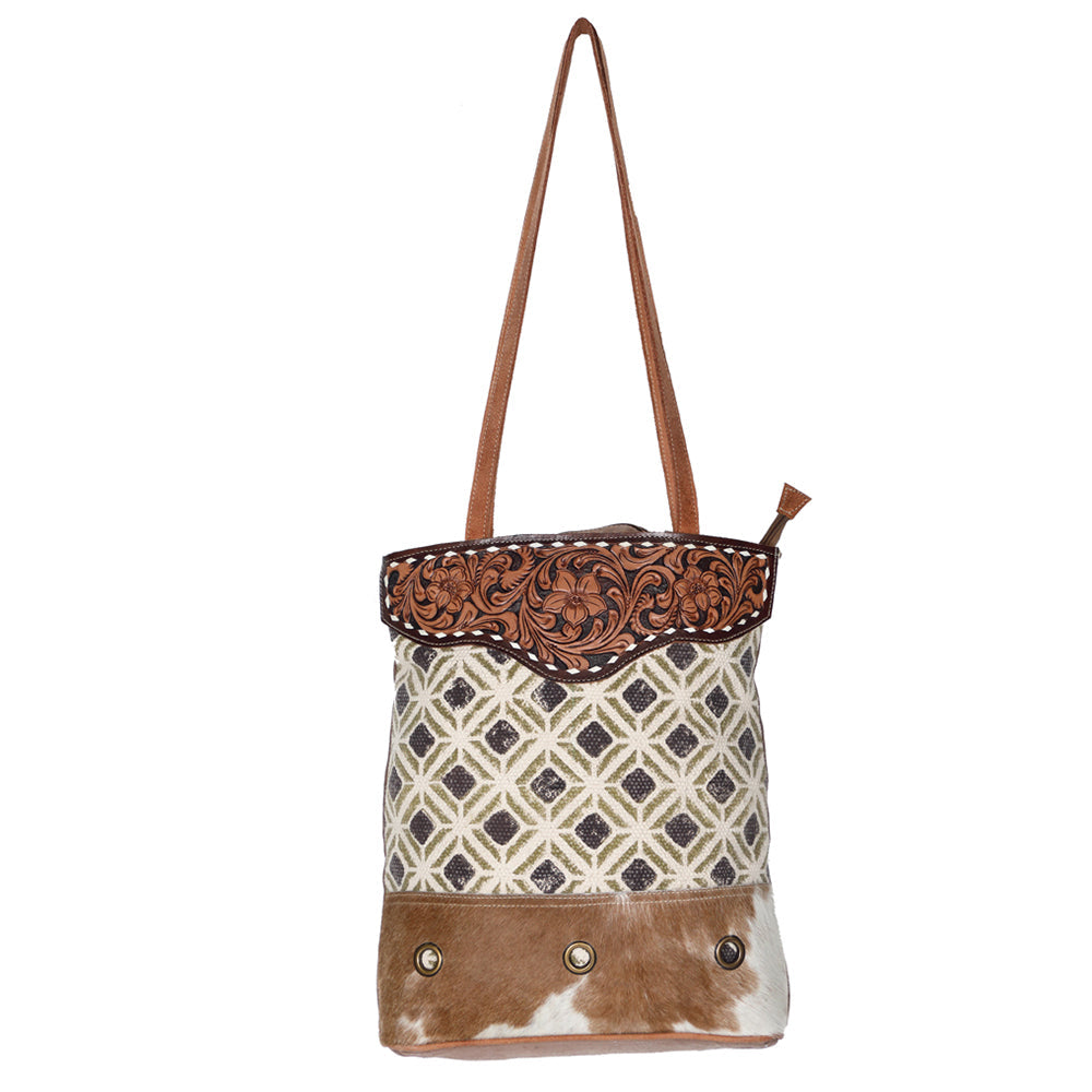 OHLAY Hand-Tooled Upcycled Canvas Hair-On Leather Tote