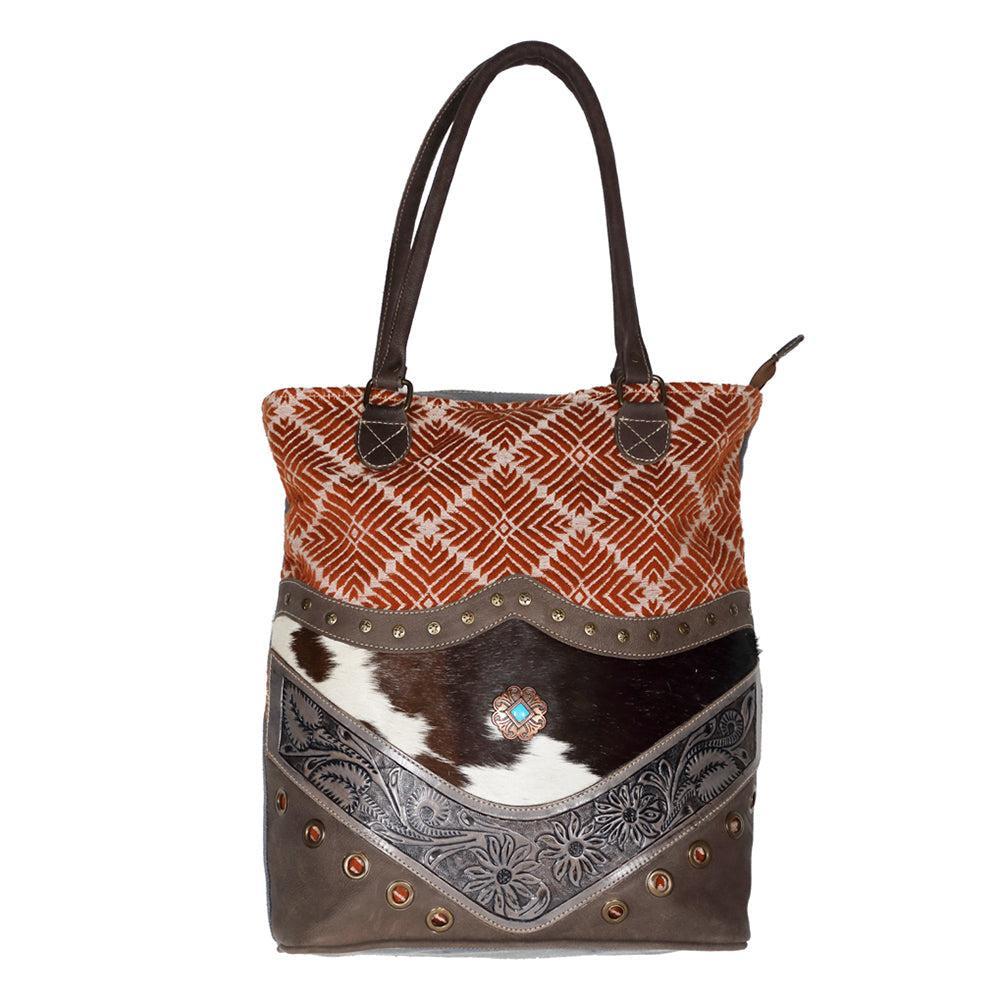 OHLAY Hand-Tooled Upcycled Canvas Hair-On Leather Tote