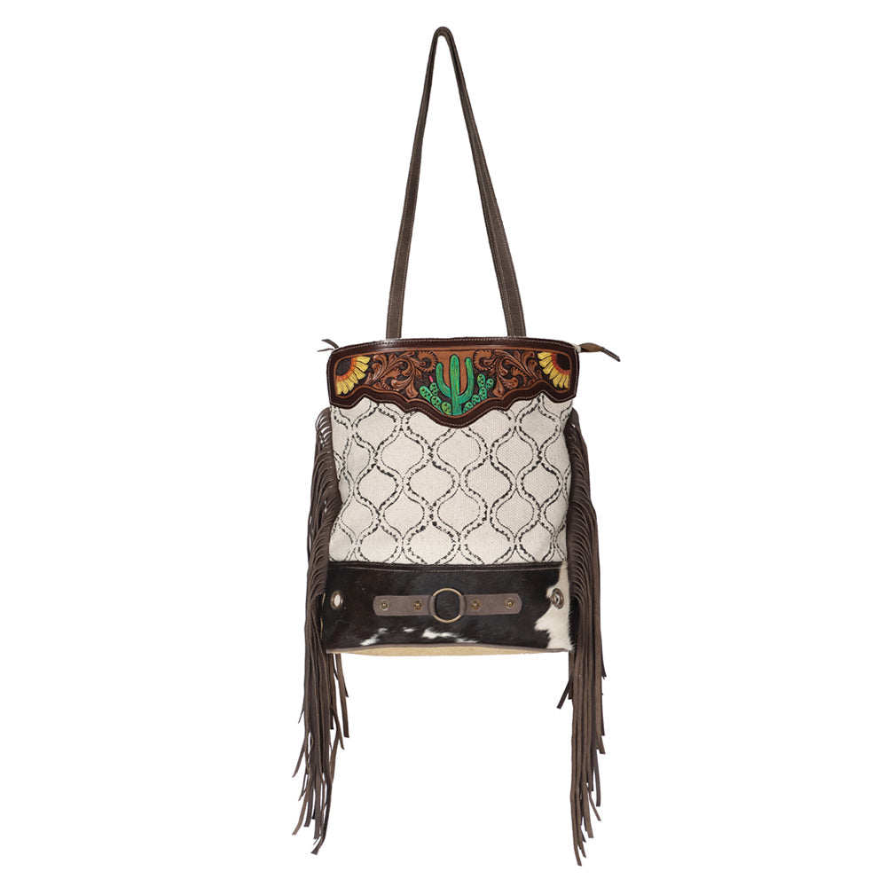 OHLAY Hand-Tooled Upcycled Canvas Hair-On Leather Tote