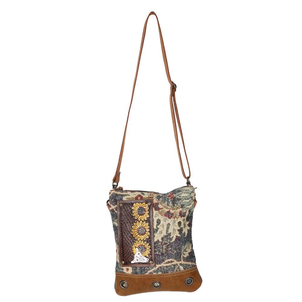 OHLAY Hand-Tooled Upcycled Canvas Hair-On Leather Crossbody Bag