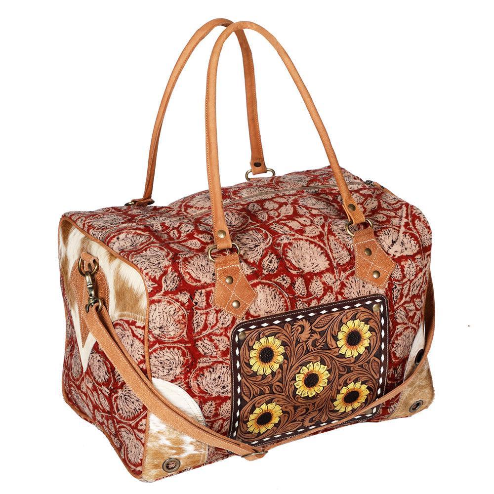 OHLAY Hand-Tooled Upcycled Canvas Hair-On Leather Duffel Bag