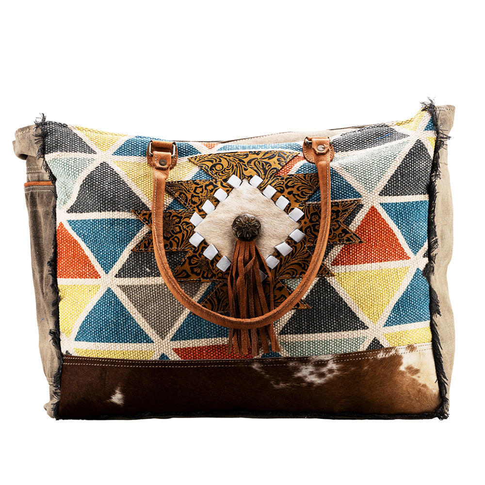 OHLAY Upcycled Wool Canvas Embossed Hair-On Genuine Leather Weekender Bag