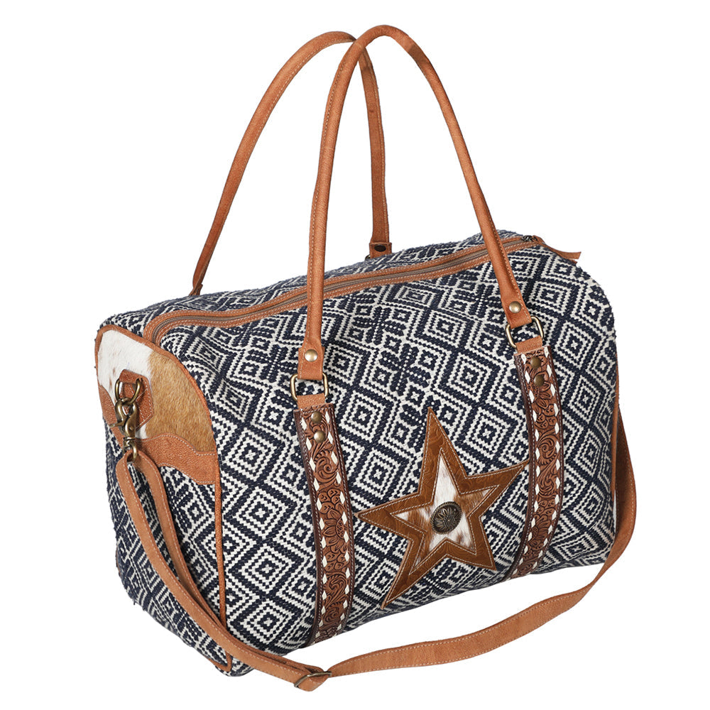 OHLAY Hand-Tooled Upcycled Wool Hair-On Genuine Leather Weekender Bag
