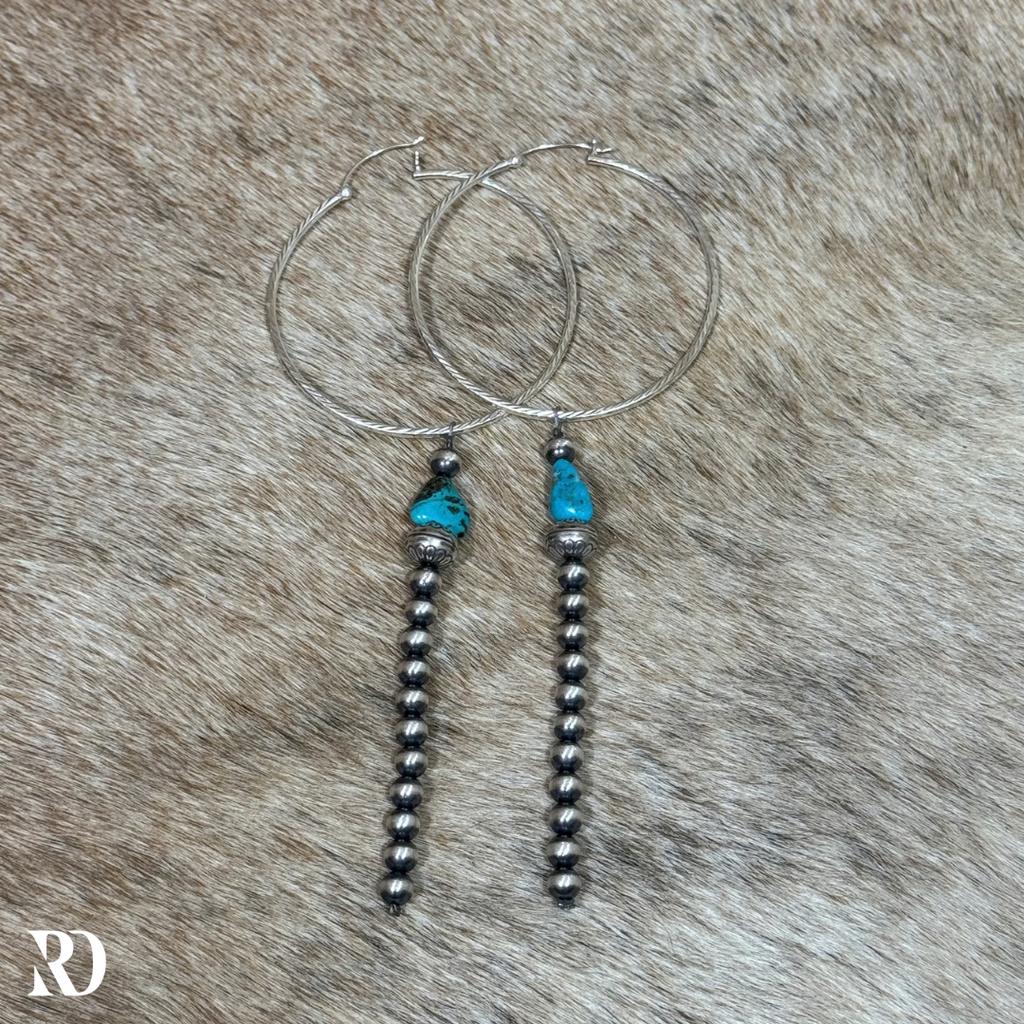 Kingman Turquoise With Strung Navajo Peral Dangle Hoop Earrings By Theresa Skeets — view 4