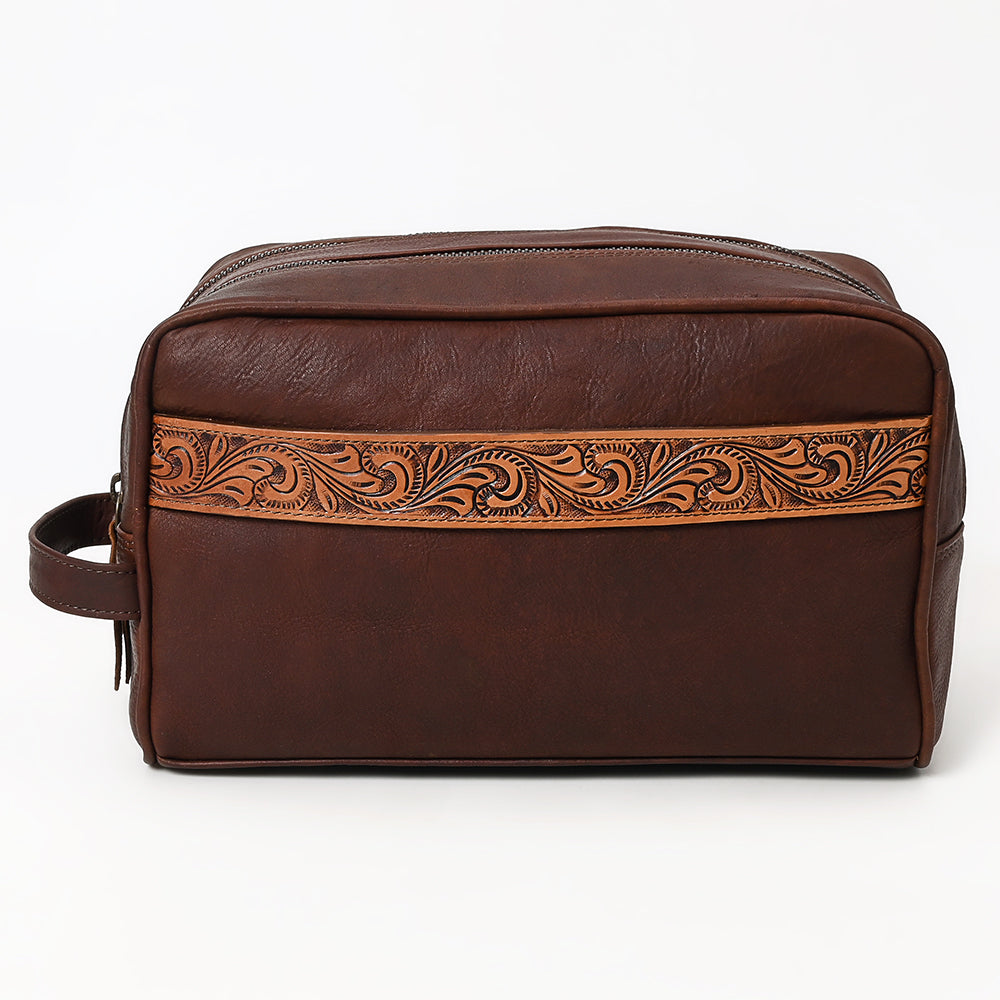 OHLAY Hand-Tooled Genuine Leather Toiletry Bag
