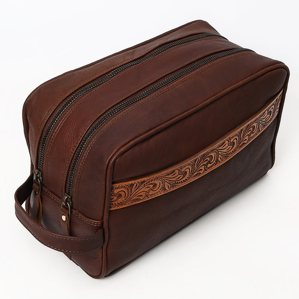 OHLAY Hand-Tooled Genuine Leather Toiletry Bag