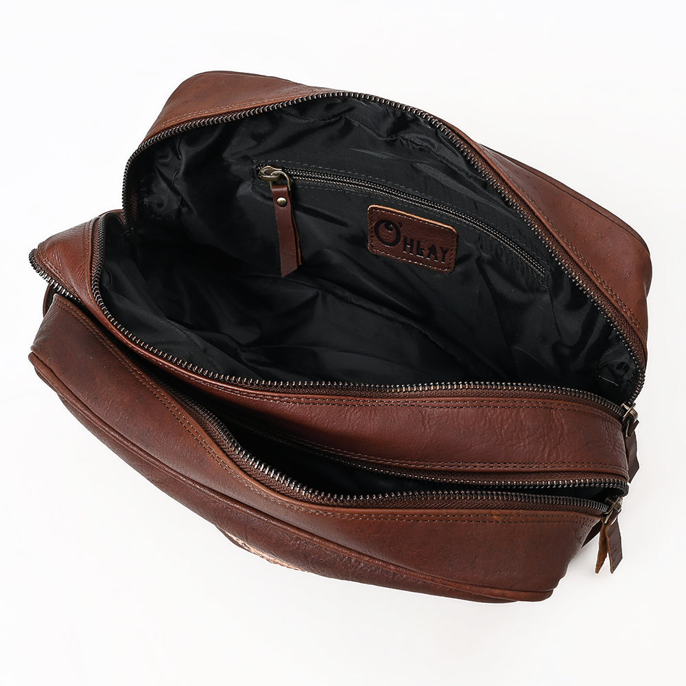 OHLAY Hand-Tooled Genuine Leather Toiletry Bag