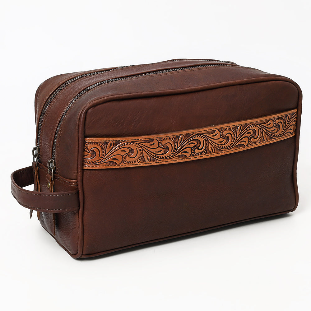 OHLAY Hand-Tooled Genuine Leather Toiletry Bag