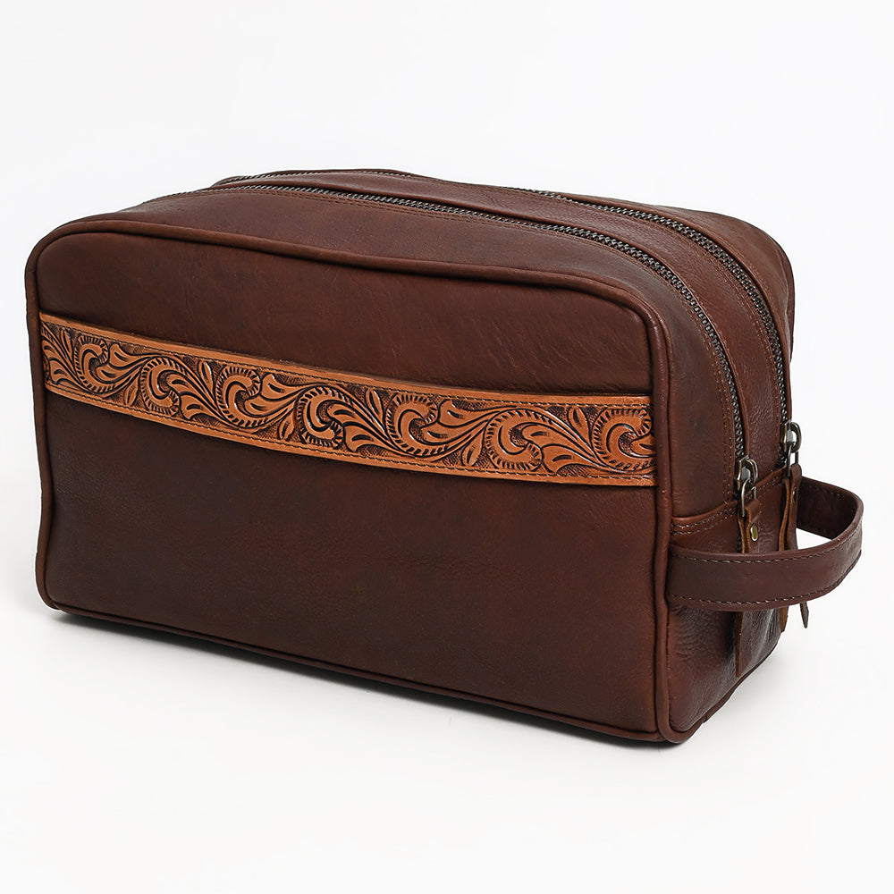 OHLAY Hand-Tooled Genuine Leather Toiletry Bag