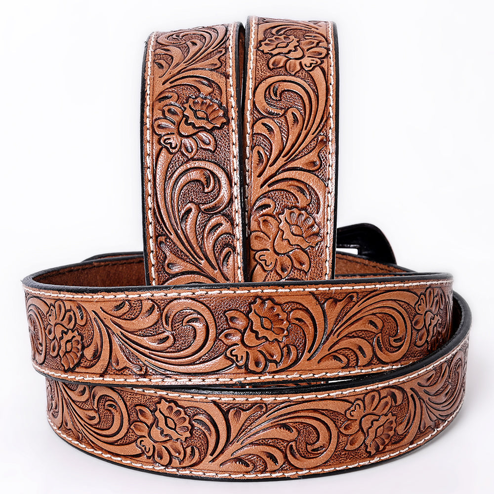 Unisex Western Handmade Full Grain Leather Belt With Floral Tooling