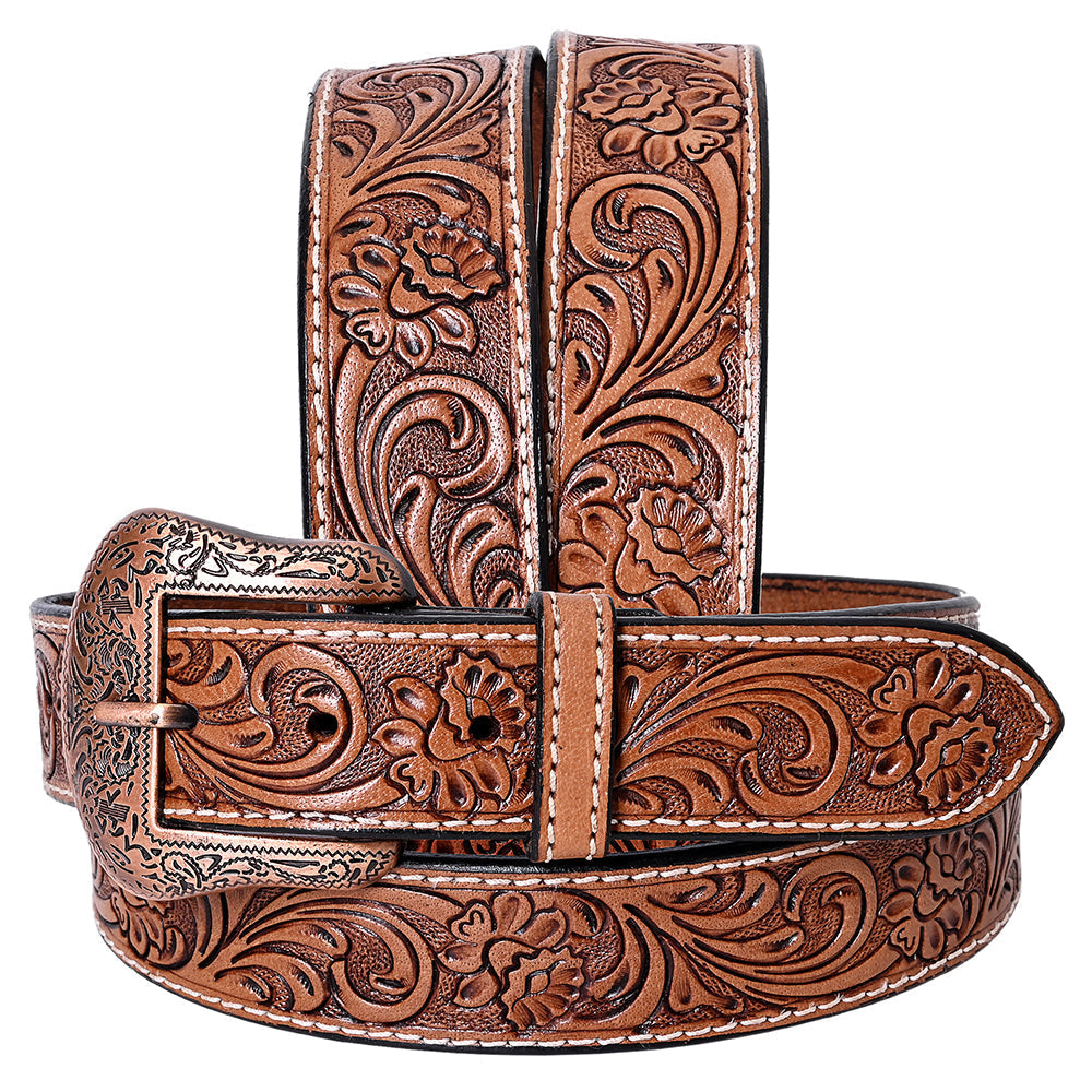 Unisex Western Handmade Full Grain Leather Belt With Floral Tooling