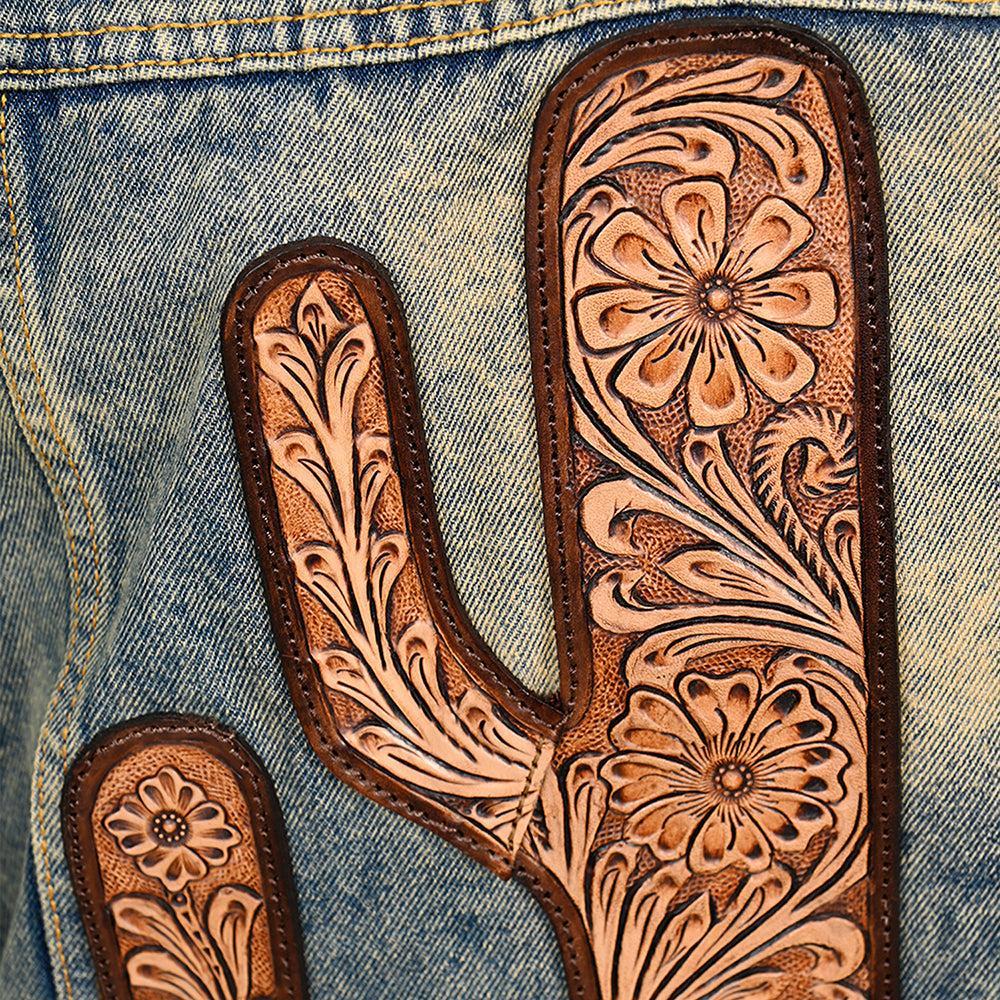 Genuine leather Hand tooled hand carved Women 100% cotton Denim jacket dress