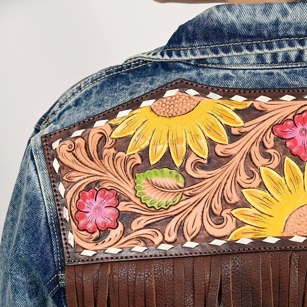 Genuine leather Hand tooled hand carved Women 100% cotton Denim jacket dress
