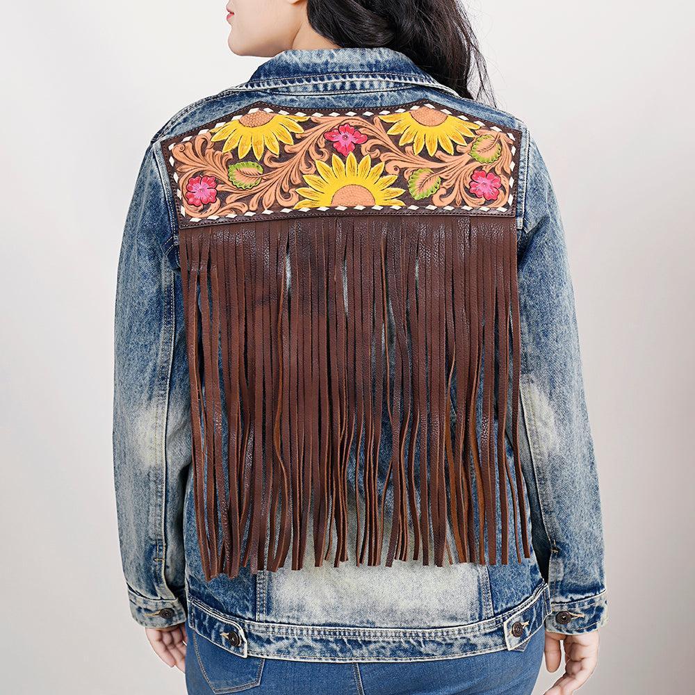 Genuine leather Hand tooled hand carved Women 100% cotton Denim jacket dress