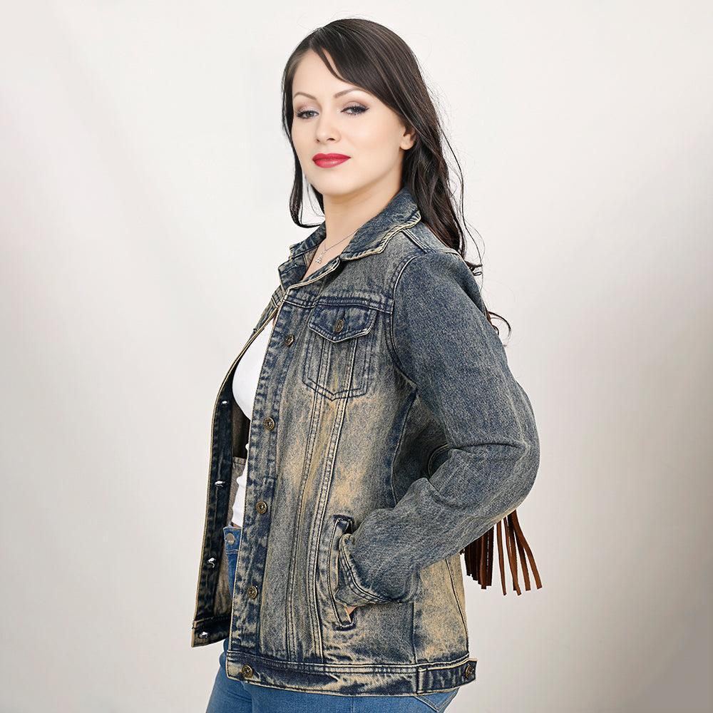 Genuine leather Hand tooled hand carved Women 100% cotton Denim jacket dress
