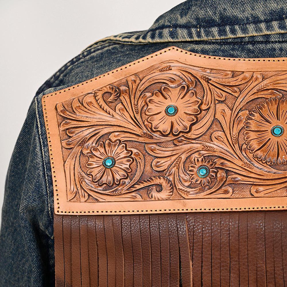 Genuine leather Hand tooled hand carved Women 100% cotton Denim jacket dress