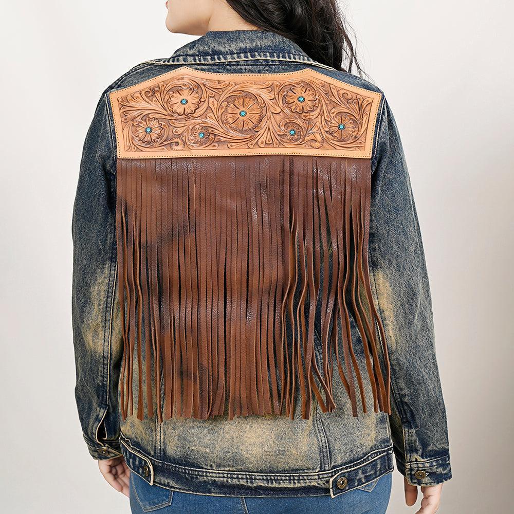 Genuine leather Hand tooled hand carved Women 100% cotton Denim jacket dress