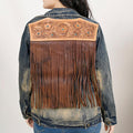 Genuine leather Hand tooled hand carved Women 100% cotton Denim jacket dress
