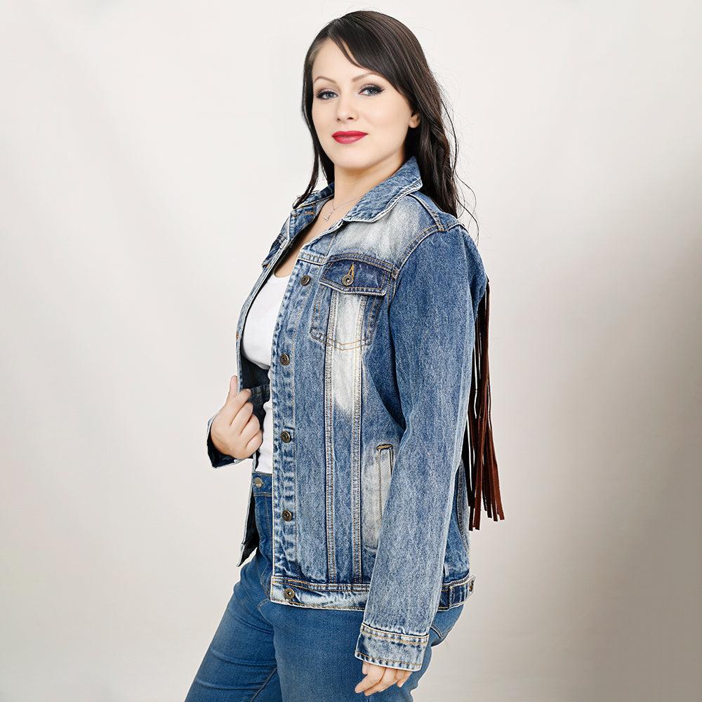 Genuine leather Hand tooled hand carved Women 100% cotton Denim jacket dress