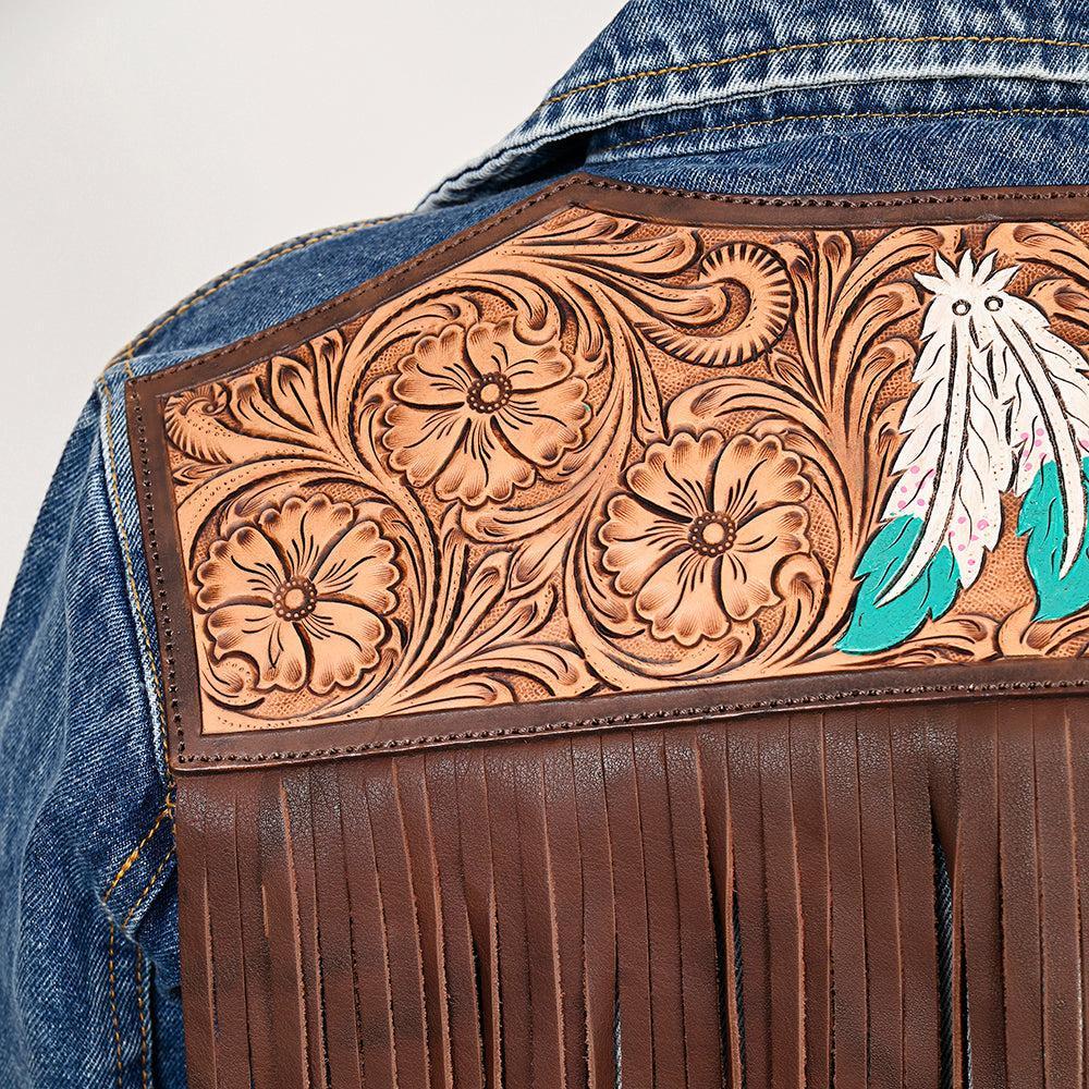 Genuine leather Hand tooled hand carved Women 100% cotton Denim jacket dress