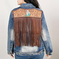 Genuine leather Hand tooled hand carved Women 100% cotton Denim jacket dress