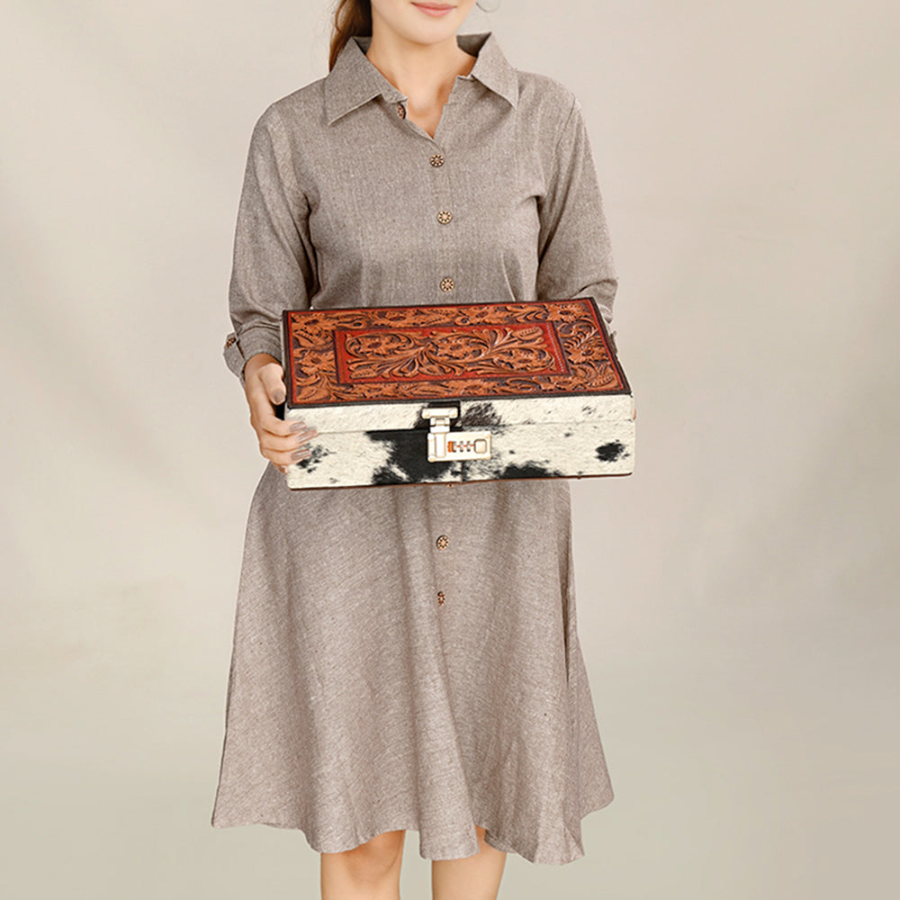 American Darling Hair-On Cowhide Hand Tooled Floral Carved Leather Jewelry Case Genuine Western Leather with YKK Zipper