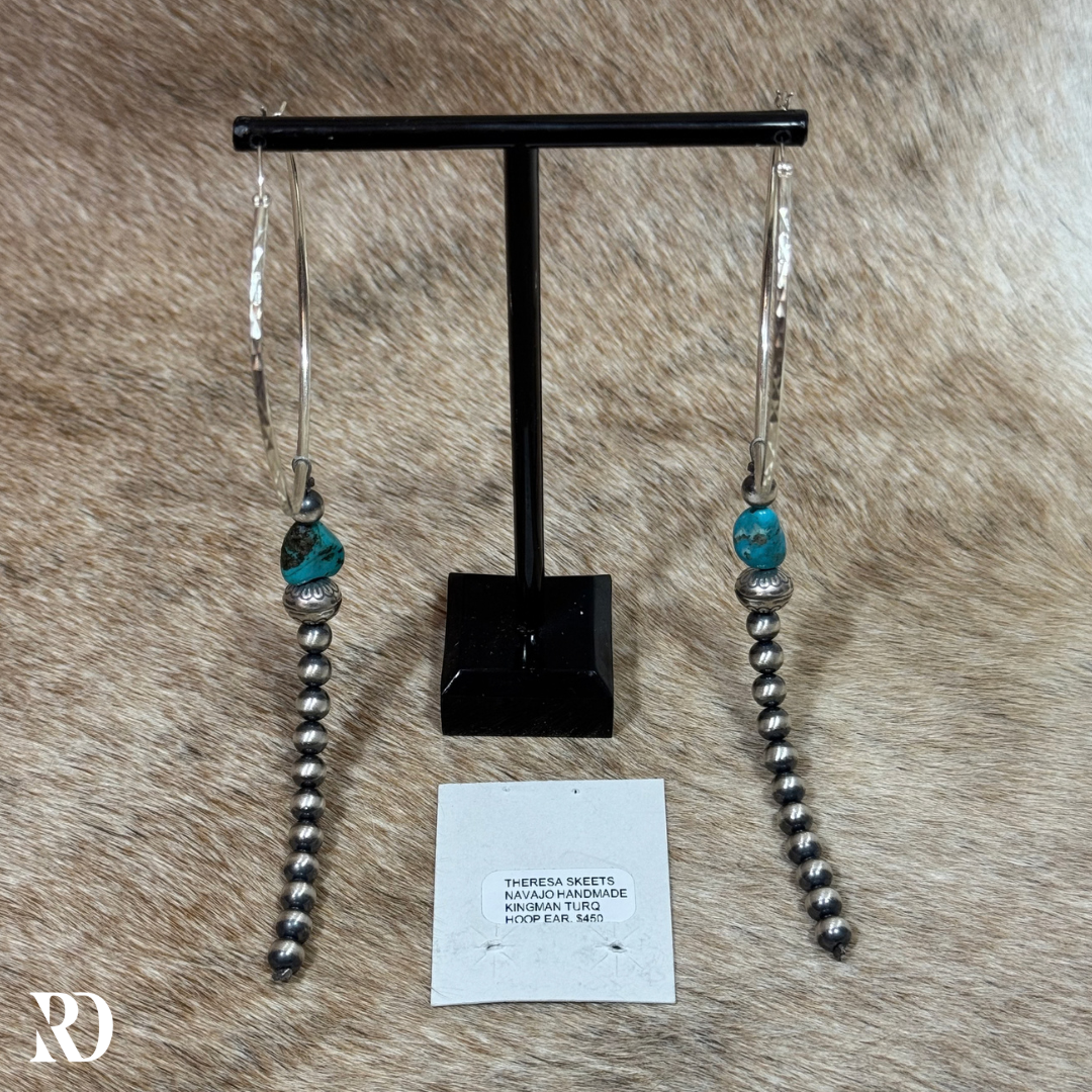 Kingman Turquoise With Strung Navajo Peral Dangle Hoop Earrings By Theresa Skeets — view 5