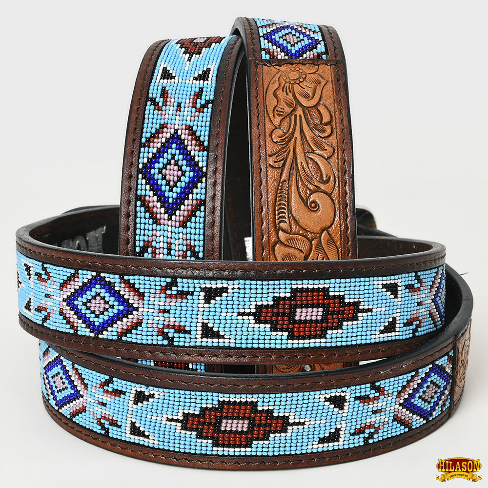 HILASON Beaded Leather Western Belt - Hand-Tooled Unisex Cowboy