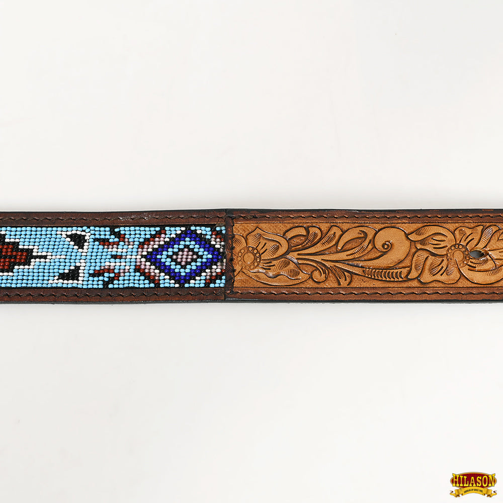 HILASON Beaded Leather Western Belt - Hand-Tooled Unisex Cowboy