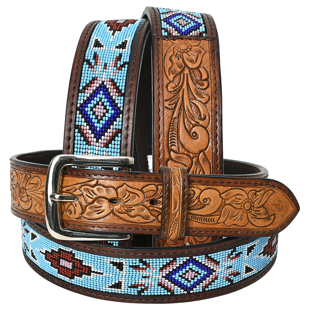 HILASON Beaded Leather Western Belt - Hand-Tooled Unisex Cowboy