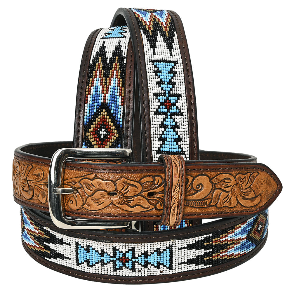 Hilason Hand-Tooled Leather Western Beaded Belt