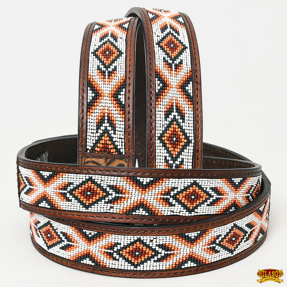 HILASON Hand-Tooled Western Leather Belt with Beadwork