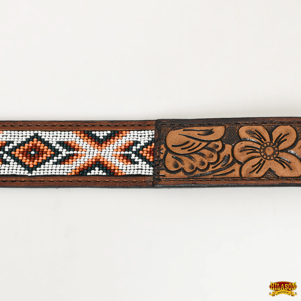 HILASON Hand-Tooled Western Leather Belt with Beadwork