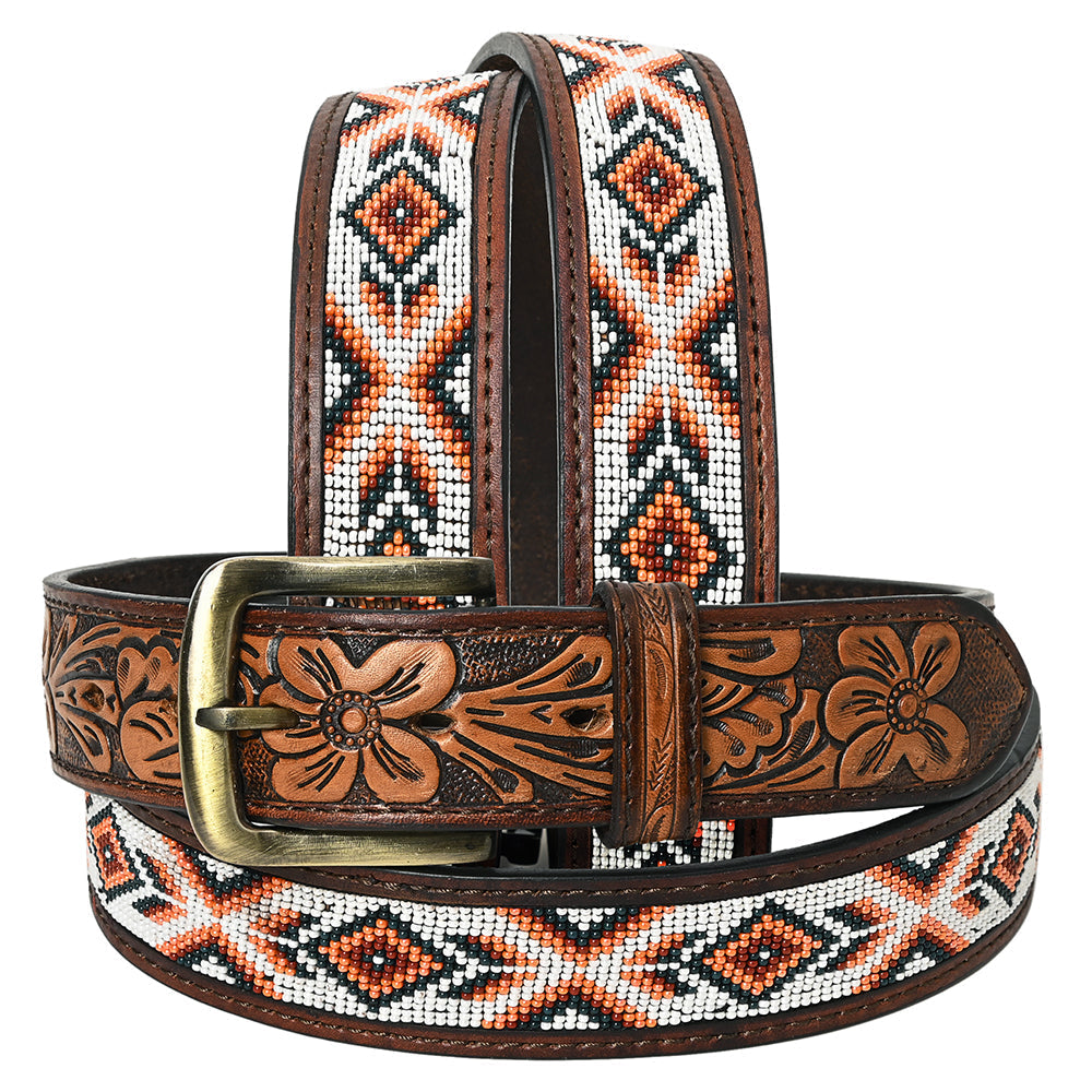 HILASON Hand-Tooled Western Leather Belt with Beadwork