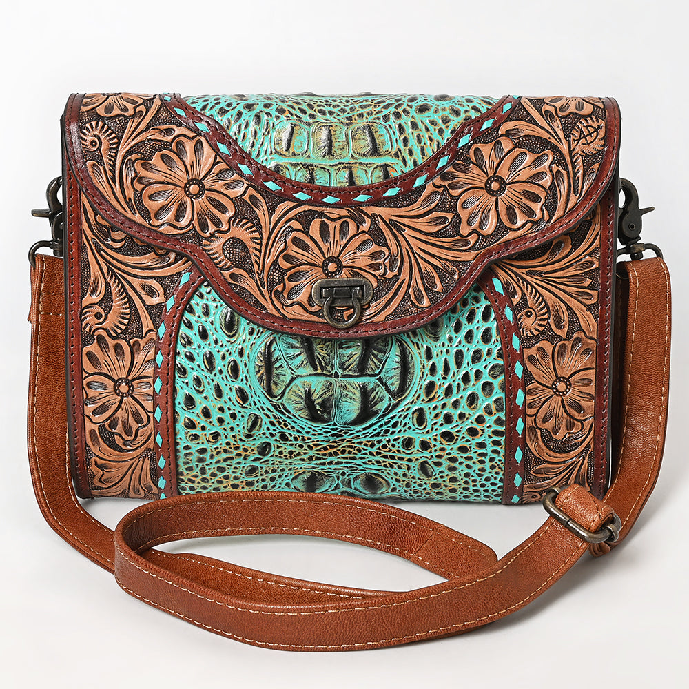 American Darling Hand-Tooled Crocodile Embossed Genuine Leather Crossbody Bag