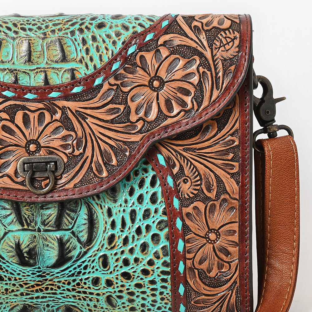 American Darling Hand-Tooled Crocodile Embossed Genuine Leather Crossbody Bag