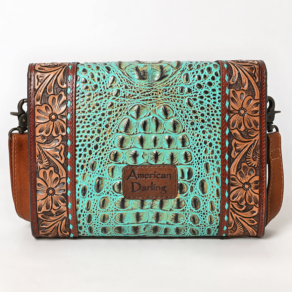 American Darling Hand-Tooled Crocodile Embossed Genuine Leather Crossbody Bag