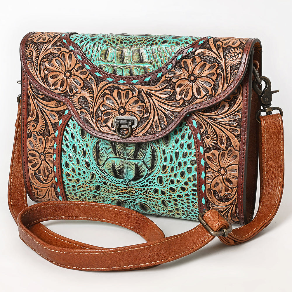 American Darling Hand-Tooled Crocodile Embossed Genuine Leather Crossbody Bag