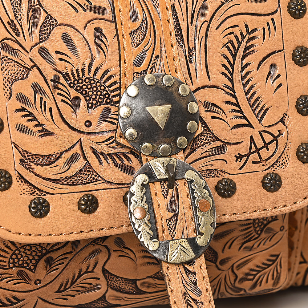 American Darling Western Travel Duffel Bag Handcrafted from Hand Tooled Genuine Leather | Floral Carved & Concho Accent Weekend Bag