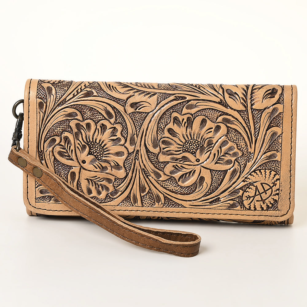 American Darling Western Trifold Wallet Handcrafted from Hand-Tooled Genuine Leather | Floral Carved Organizer with Detachable Wristlet