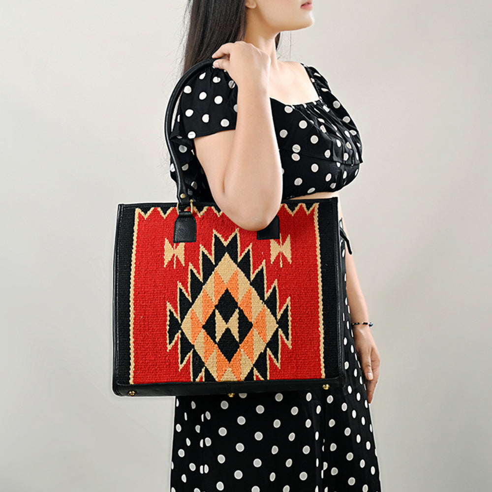 American Darling Hand Woven Saddle Blanket Tote Bag Vegetable-Tanned Genuine Leather Western Purse with YKK Zipper