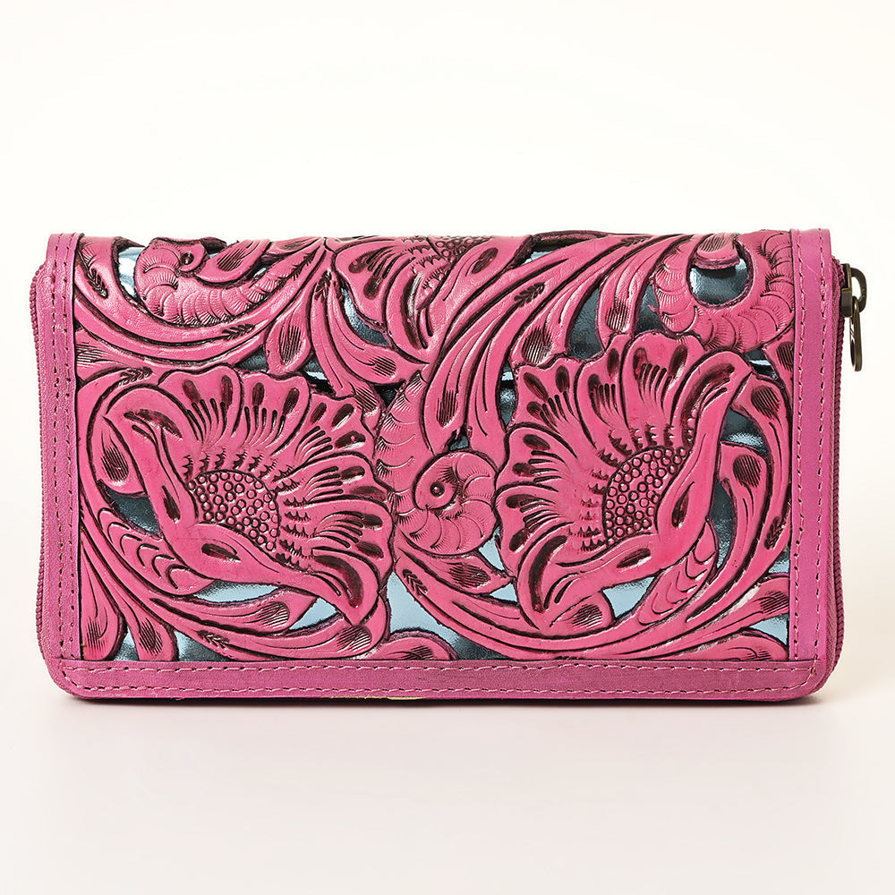American Darling Hand-Tooled Genuine Leather Wallet Bag – Floral Carving, Durable Zip-Around Design, Multi-Compartment Organizer for Women