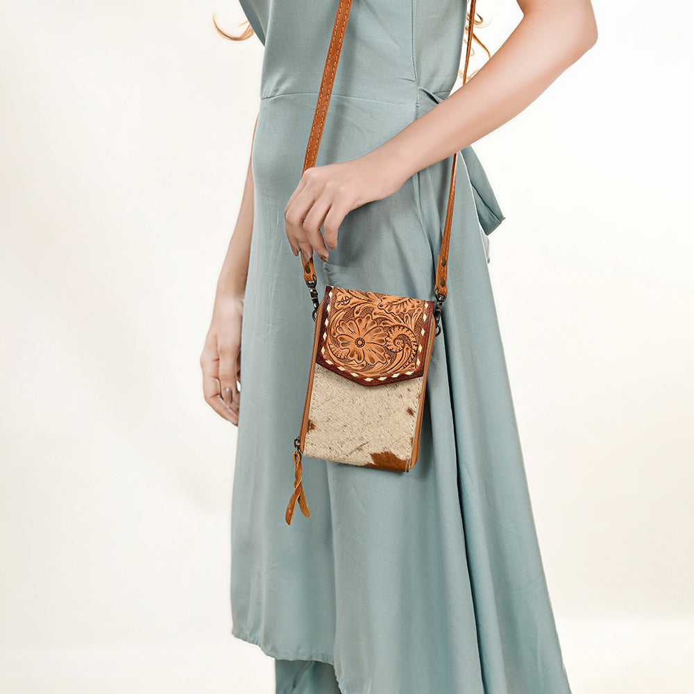 American Darling Cell Phone holder, Genuine Hair-On Cowhide & Full Grain Leather, Western Crossbody Bag, 7in X 4in X 1in