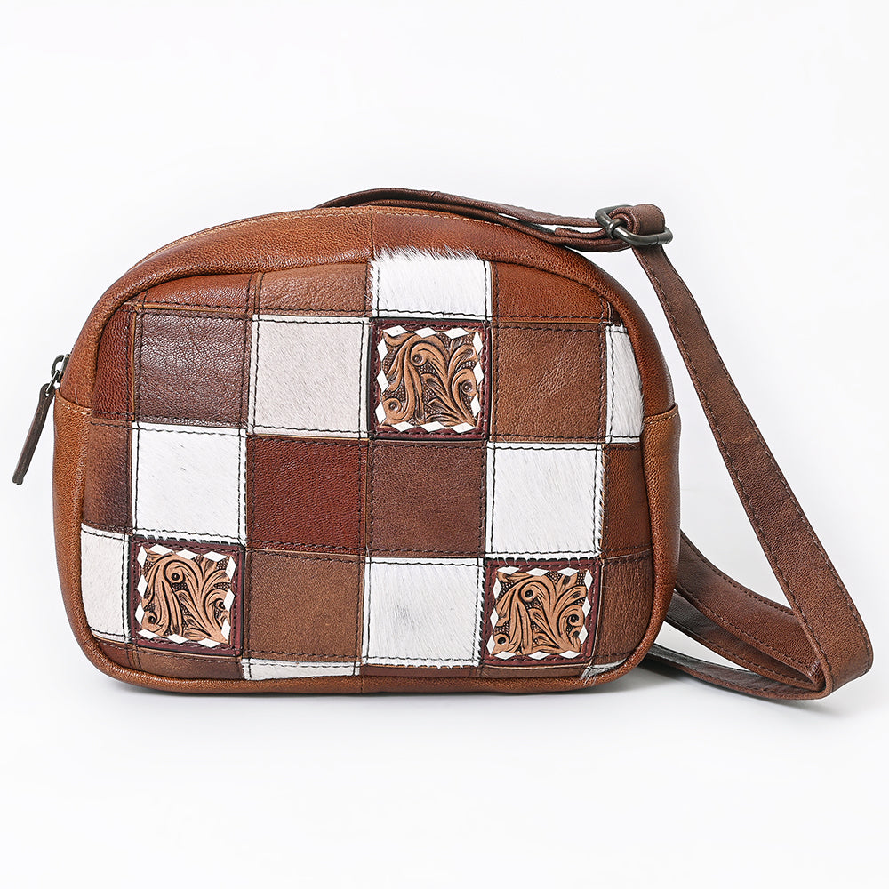 American Darling Western Leather Crossbody Bag with Hair-On Cowhide Patchwork, Genuine Leather Build & Hand-Tooled Floral Accents for Everyday Style