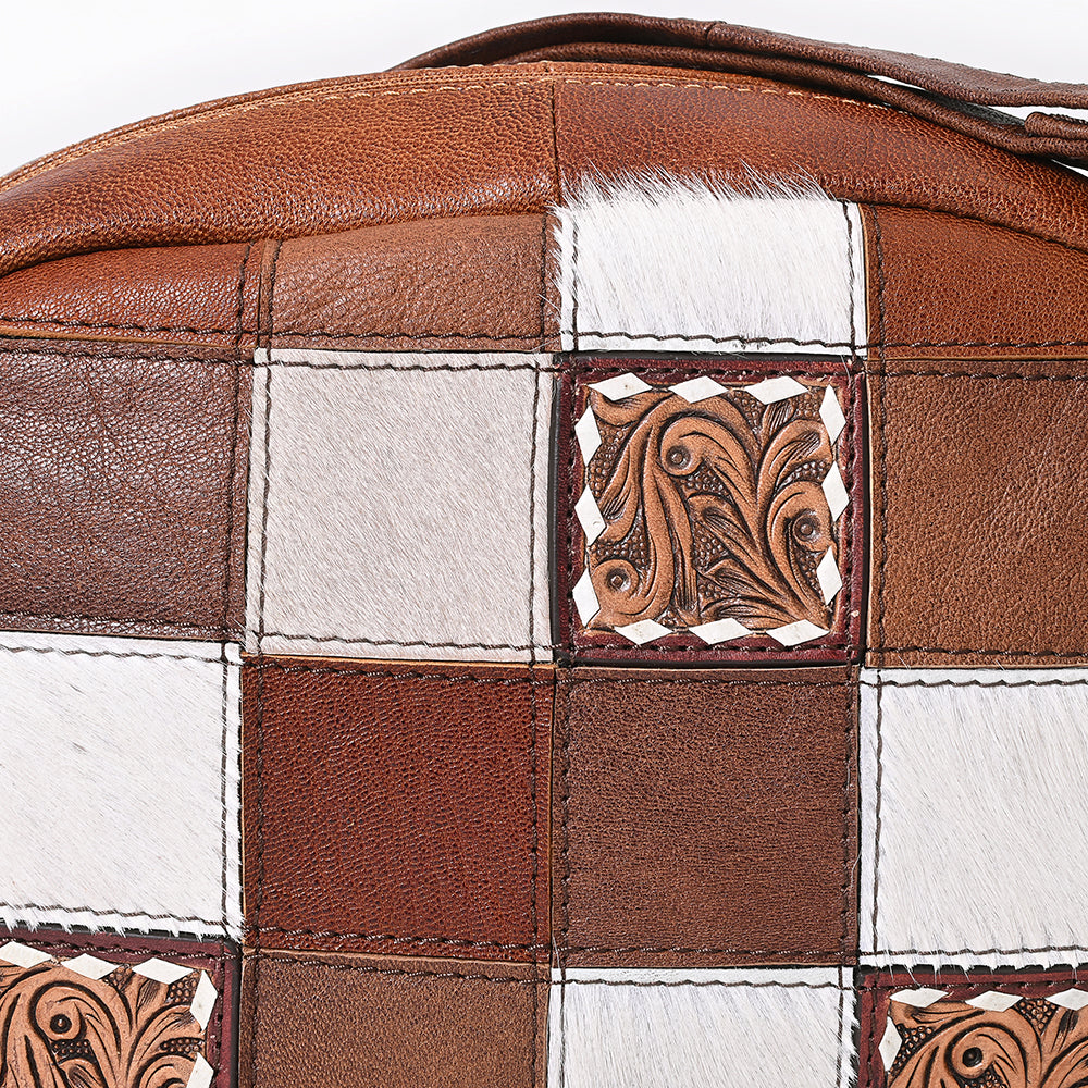 American Darling Western Leather Crossbody Bag with Hair-On Cowhide Patchwork, Genuine Leather Build & Hand-Tooled Floral Accents for Everyday Style