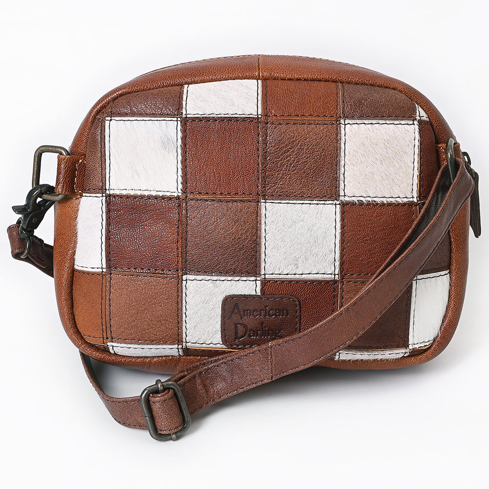 American Darling Western Leather Crossbody Bag with Hair-On Cowhide Patchwork, Genuine Leather Build & Hand-Tooled Floral Accents for Everyday Style