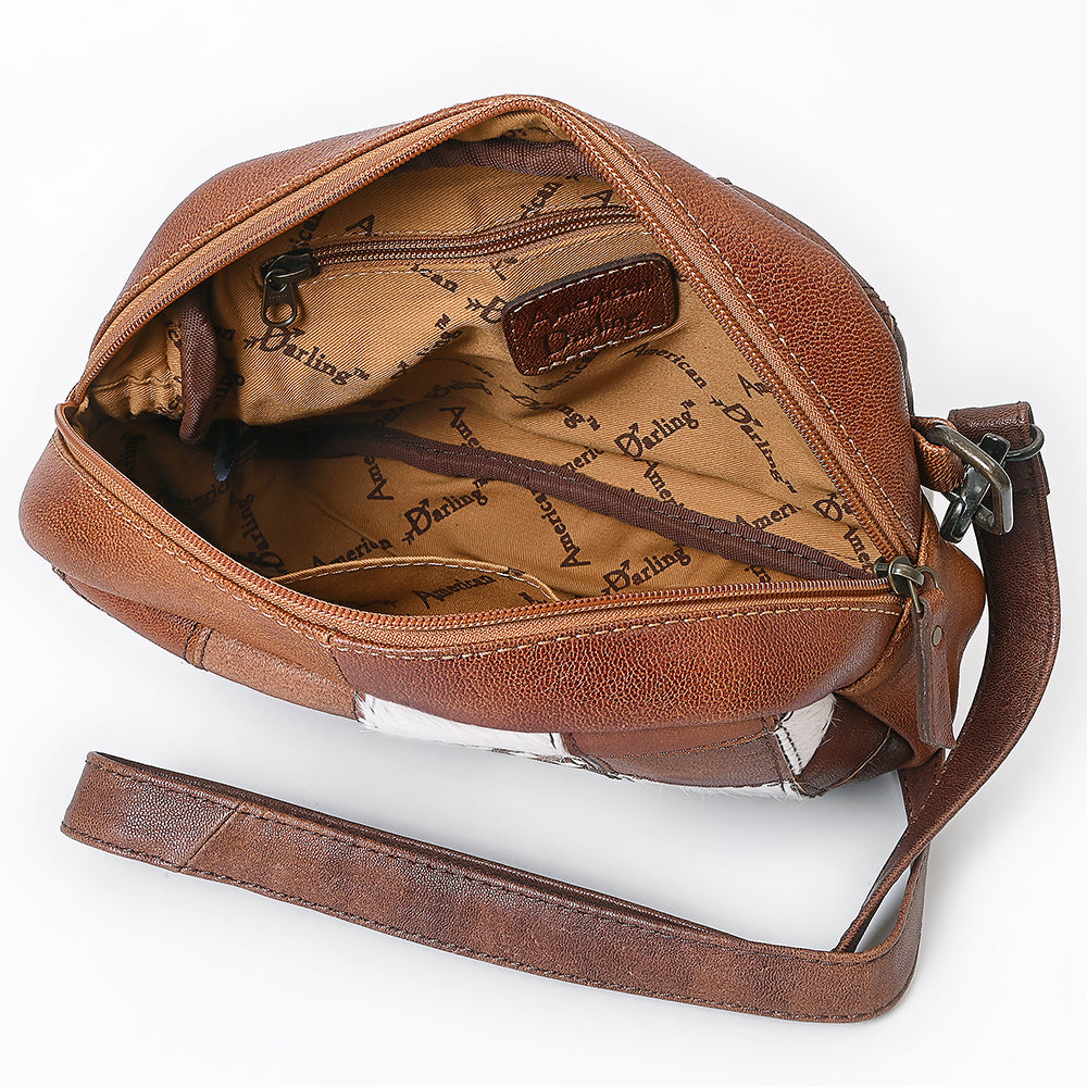 American Darling Western Leather Crossbody Bag with Hair-On Cowhide Patchwork, Genuine Leather Build & Hand-Tooled Floral Accents for Everyday Style